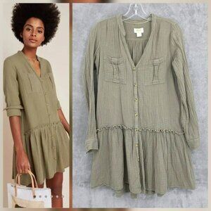 Anthro Maeve Katie Textured Ruffle Tunic Mini Dress 2 Army Green Olive Boho Chic